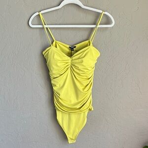 Express Body Contour Yellow Ruched Bodysuit size medium padded‎ top thong back